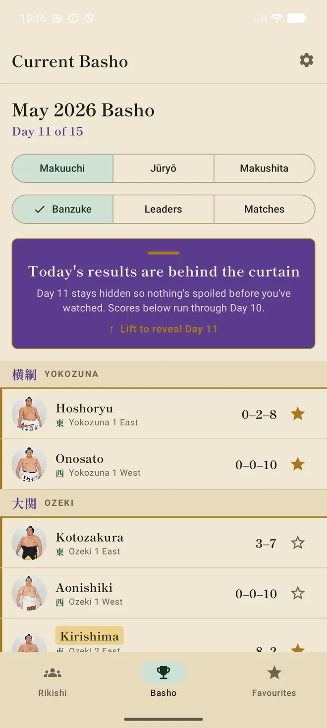 The Torikumi Basho screen, with today's results hidden behind a curtain