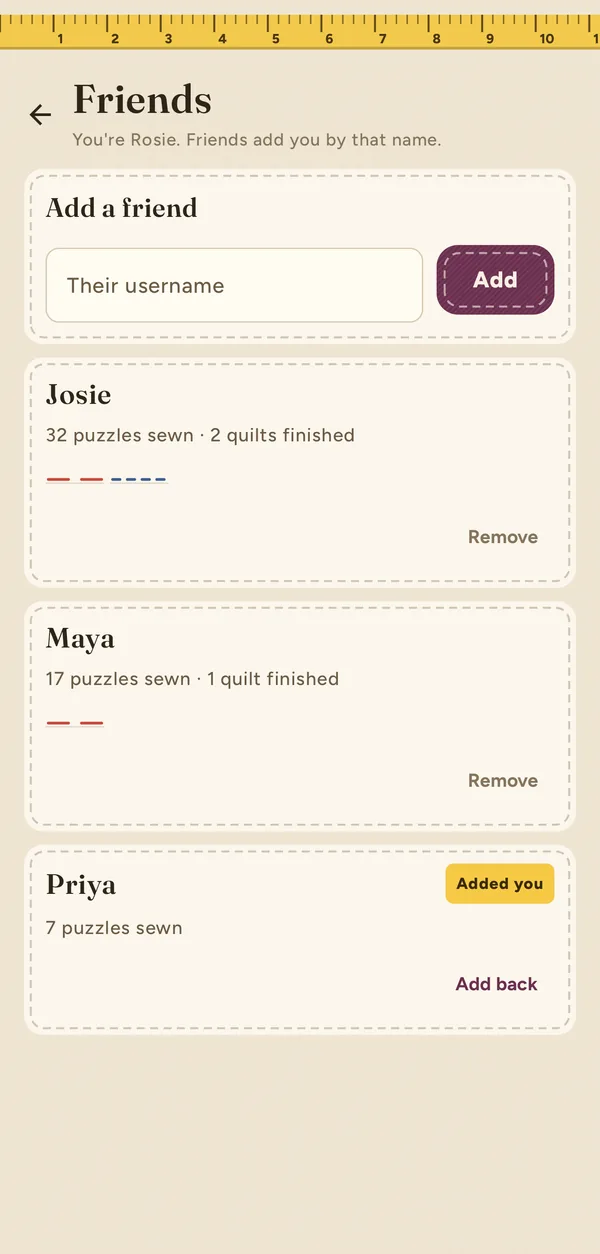 The Friends screen listing Josie, Maya and Priya with their puzzles sewn and quilts finished