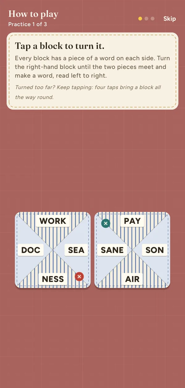 The first practice board: tap a block to turn it