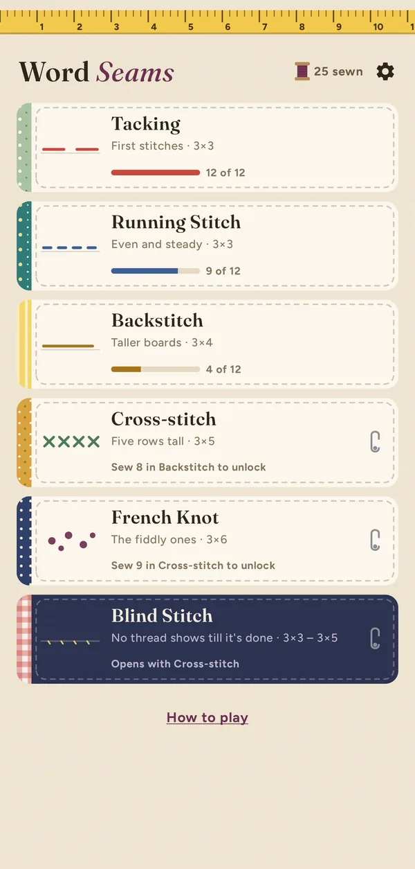 The pack shelf: Tacking, Running Stitch, Backstitch, Cross-stitch, French Knot and Blind Stitch