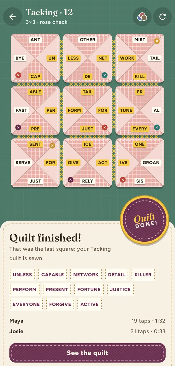 Solving the last puzzle of a pack: 'Quilt finished!' with a Quilt DONE embroidered patch